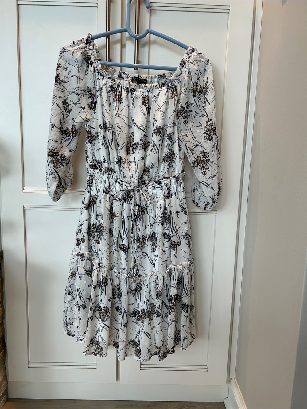 Ryan Michelle White Floral Off/on shoulder Tiered Dress with Smocked Waist